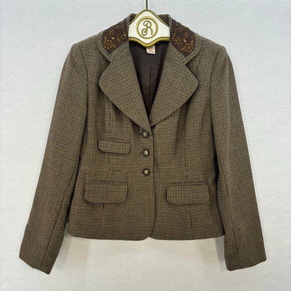Sundance Vintage Wool Blazer Women size 4 Checkered Floral Embellished Retro - Picture 1 of 11